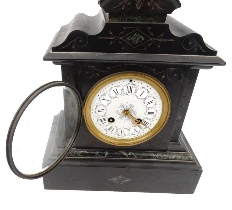 Victorian black slate mantel clock with white floral enamel dial, striking on a bell, 30cm high : - Image 6 of 10