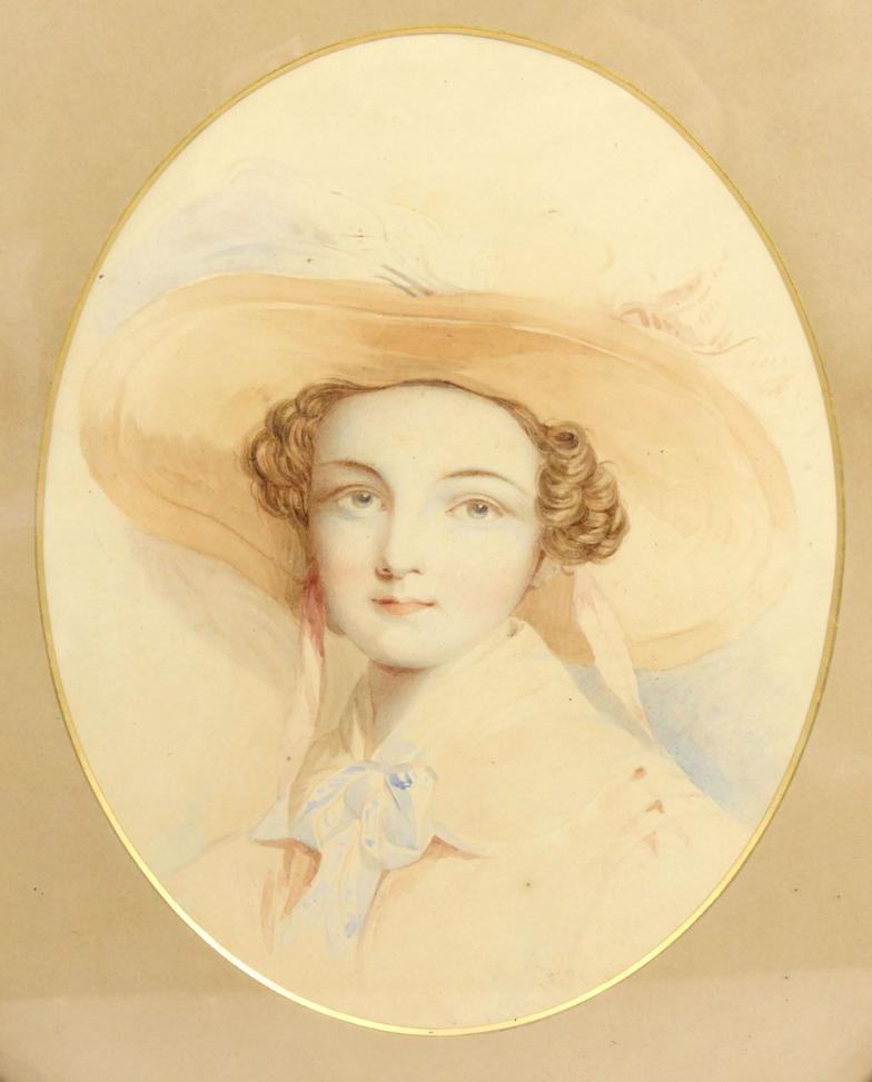 Oval framed watercolour of a young girl in a bonnet, J.N.S. Hill, Carvers, Gilders and Picture - Image 2 of 4
