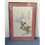 Large oriental silk picture of birds on a branch, mounted and framed, 69cm x 43cm excluding the