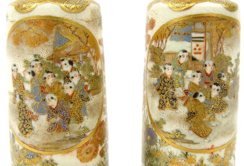 Pair of oriental Japanese Satsuma Pottery vases, finely hand painted with flowers and scenes, - Image 2 of 7