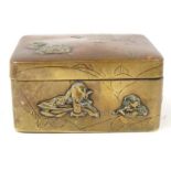 Oriental Japanese bronze box with silver metal inlay, 7.5cm wide : For Condition Reports please