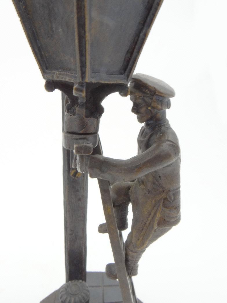 Pair of Russian patinated bronze figures of street lamp lighters, each signed to the base, 23cm high