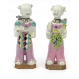 Pair of oriental Chinese stoneware figures hand enamelled with colourful costumes, 20cm high : For