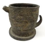 African Tribal pottery wine vessel with naïve carved design, 14cm high : For Condition Reports