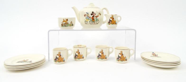 Boxed Beswick Disney childs teaset, printed with views of Mickey Mouse, Donald Duck, Bambi, etc,