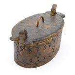 Scandinavian? oval wooden box and sliding cover with chip carved decoration, 25cm in length : For