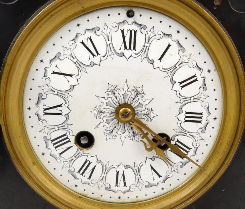 Victorian black slate mantel clock with white floral enamel dial, striking on a bell, 30cm high : - Image 5 of 10