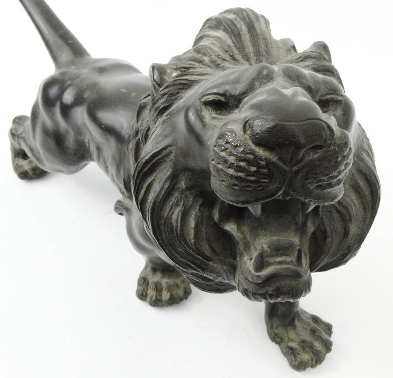 Large oriental bronze study of a lion, character marks to the belly, 52cm long : For Condition - Image 3 of 9