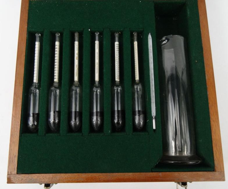 Wooden cased glass Twaddell hydrometer, the case 30cm square : For Condition Reports please visit