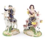 Pair of 19th English China figures of The Welsh Tailor and Wife on gooseback,  inscribed no. 62 to