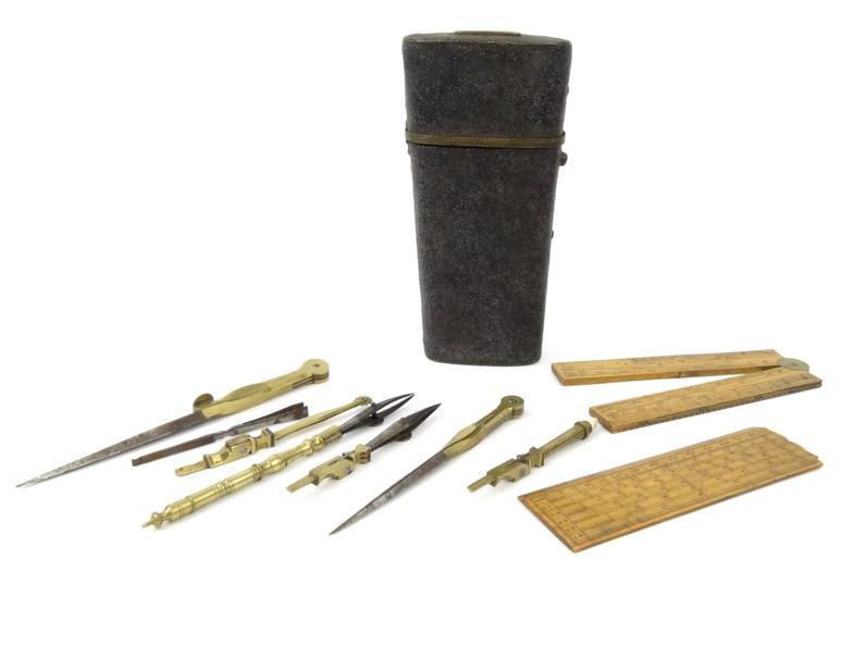 Victorian shagreen cased instrument set including wooden folding ruler for T. Bolton, 15cm high :
