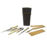 Victorian shagreen cased instrument set including wooden folding ruler for T. Bolton, 15cm high :