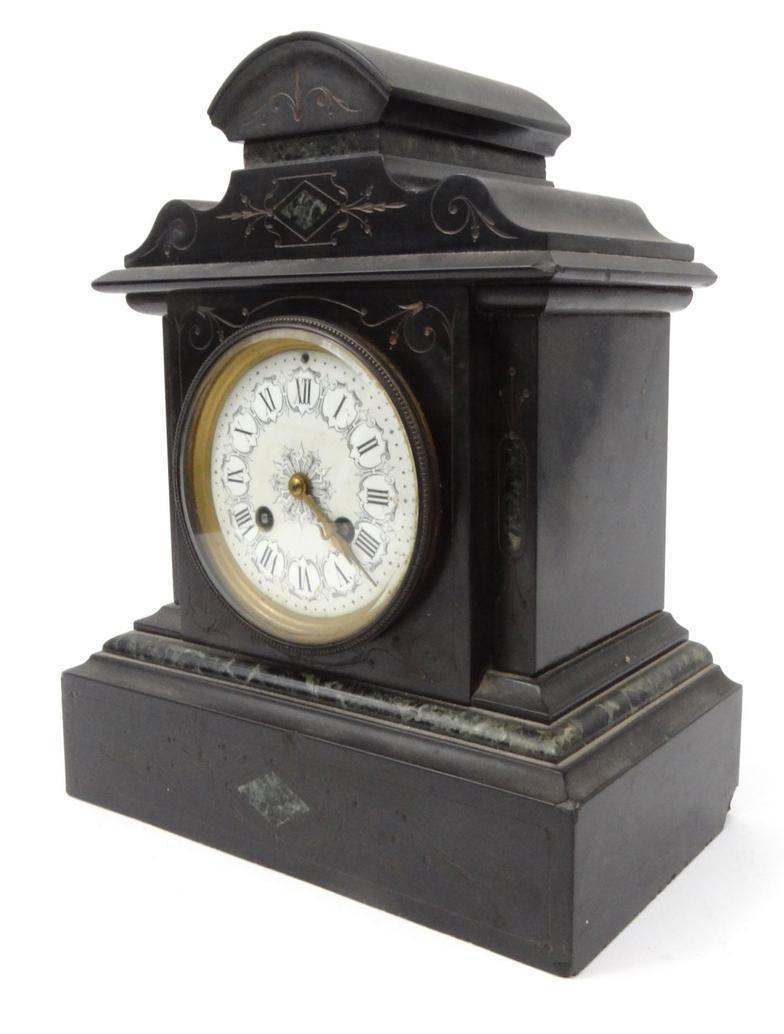 Victorian black slate mantel clock with white floral enamel dial, striking on a bell, 30cm high : - Image 7 of 10