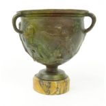 Antique bronze urn depicting Roman fighters on a beige marble base, 12cm high : For Condition