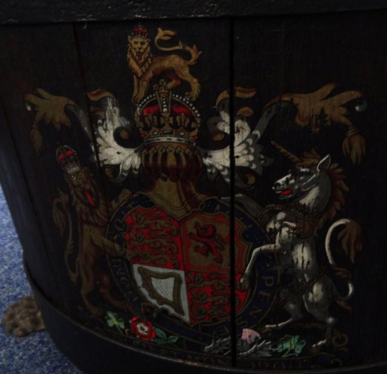 Antique metal bound oak bucket with paw feet and painted crest : For Condition Reports please - Image 3 of 3