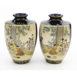 Pair of Japanese Satsuma Pottery vases hand painted and gilded with figures onto a blue and gilt