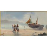 H. Hinnard? - Watercolour and gouache of fisherwomen on the beach with boats, mounted and framed,