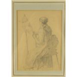 Johann Michael Neder - Pencil drawing of a lady spinning, mounted and framed, 20cm x 15cm