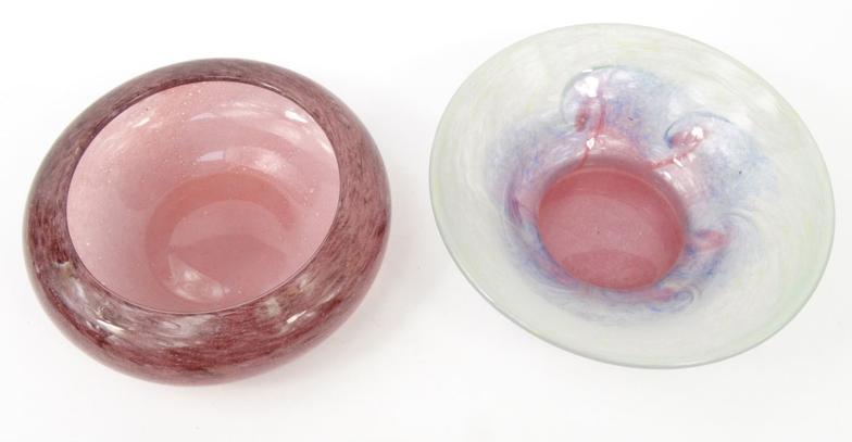 Vasart pink glass bowl, together with a pink, white and blue swirling glass dish, inscribed etched - Image 2 of 5