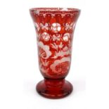 Victorian ruby overlaid glass vase etched with animal scenes, 16cm high : For Condition Reports