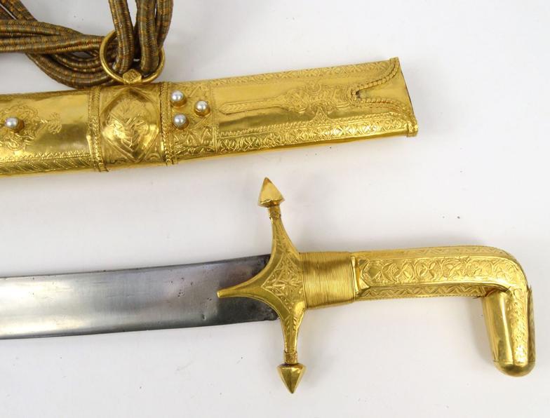 Saudi Arabian presentation sword inset with pearls and housed in a wooden red velvet lined box, 96cm