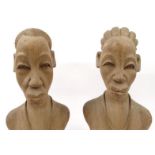 Large pair of African wooden carved busts of male and female, 45cm high : For Condition Reports