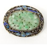 Oriental Chinese silver jade and enamel brooch decorated with bats, 5cm diameter : For Condition