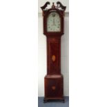 Mahogany grandfather clock with shell and stringing inlay, the painted dial for Donisthorpe Hinckley