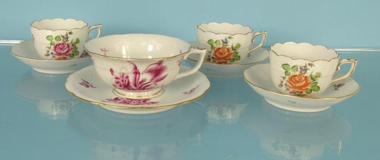 Three Herend hand painted china cups and saucers and a similar example : For Condition Reports