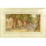 M.A. Winham? - Watercolour of a tree-lined avenue in the park, mounted and framed, 44cm x 21cm