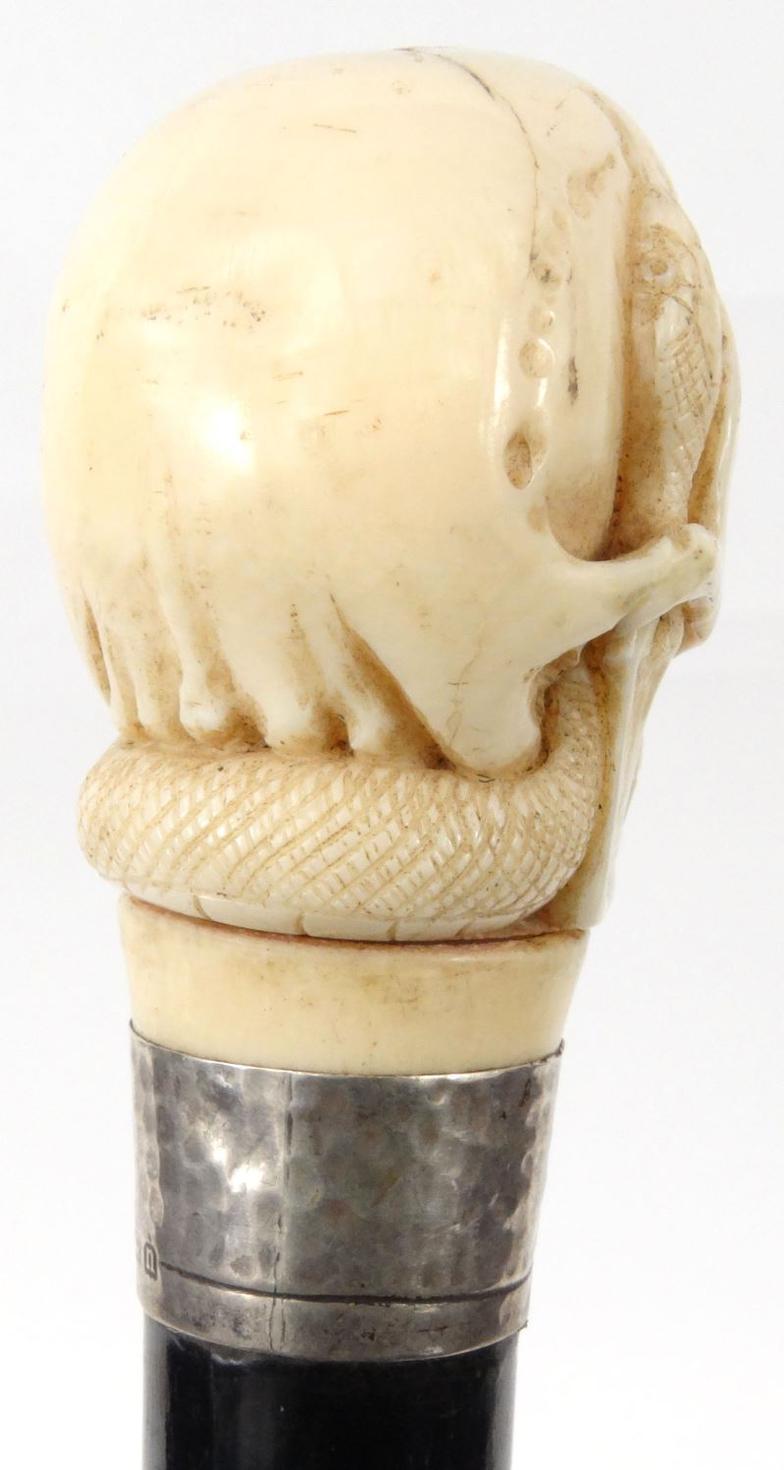 Carved ivory skull head and snake walking stick, 93cm long : For Condition Reports please visit - Image 3 of 3