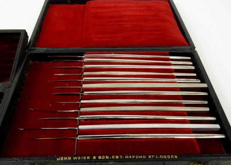 Three boxes of surgeon's scalpels including John Vice & Son ivory handled examples, the longest 14cm