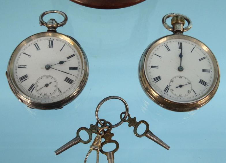 Two gentleman's silver open faced pocket watches and a mahogany watch stand : For Condition - Image 2 of 13