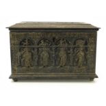 Cast iron ecclesiastical rectangular casket with hinged lid, 25cm in length : For Condition