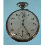 Longines silver gentleman's open faced pocket watch, 5cm diameter, approximate weight 91.0g : For