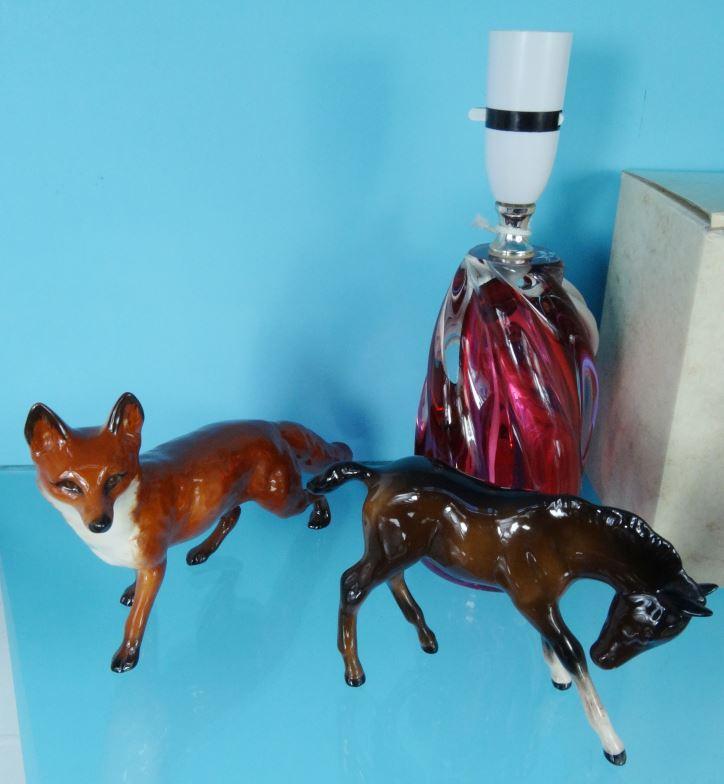 Two Coalport china figurines, Beswick fox and horse and a Whitefriars style glass table lamp : For - Image 3 of 7