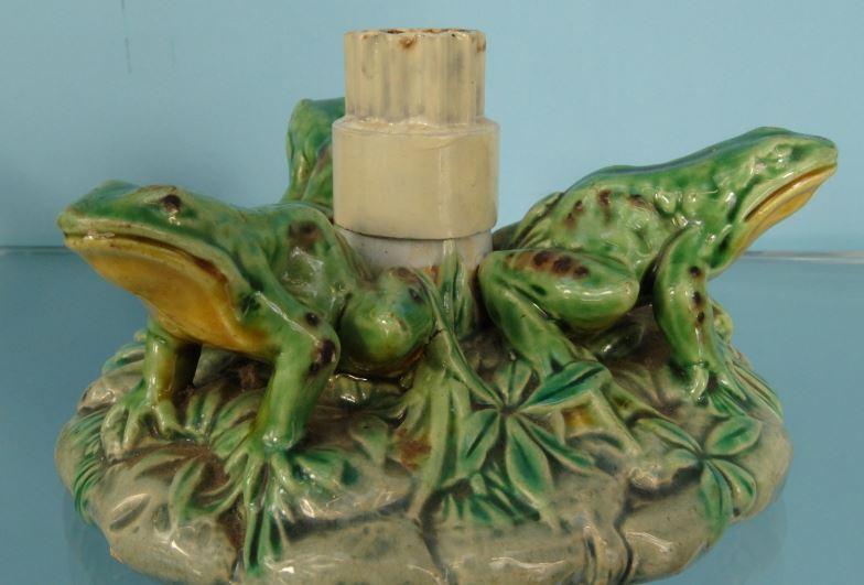 Two Minton Majolica pottery frog bases, impressed marks and numbered 6011, each 12cm diameter : - Image 3 of 9