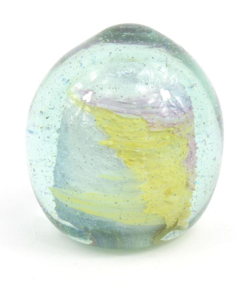 Victorian glass paperweight with yellow, pink and white volcano interior, 6.5cm high : For Condition