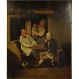 Victorian oil onto canvas of draughts players, paper label to back, mounted in a mahogany frame,