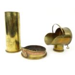Military interest trench art shell decorated with flowers, military cap ashtray and a large coal