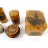 Six items of wooden Mauchlin ware, Victorian snuff box, Oval silver plated Bass Rock North Berwick