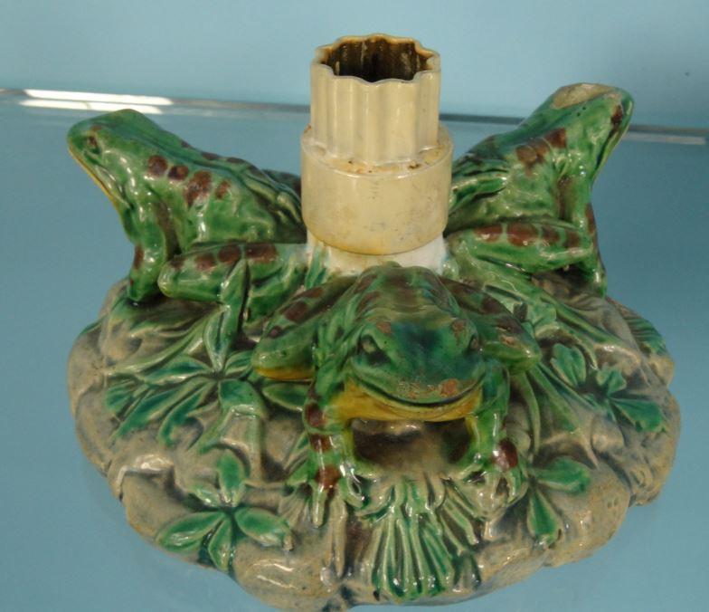 Two Minton Majolica pottery frog bases, impressed marks and numbered 6011, each 12cm diameter : - Image 5 of 9