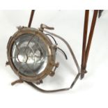 Large vintage spot lamp on wooden pedestal stand, 160 cm high : For Condition Reports please visit