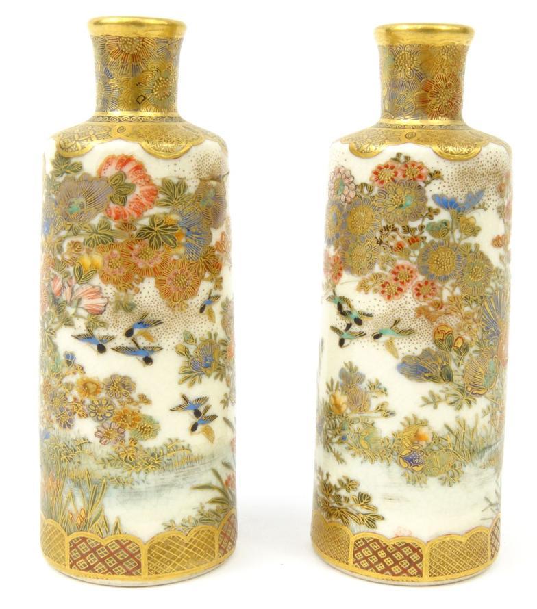Pair of oriental Japanese Satsuma Pottery vases, finely hand painted with flowers and scenes, - Image 3 of 7