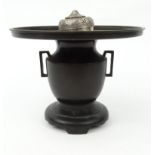 Oriental bronze twin handled pot and cover with pierced silver lid, 14cm high : For Condition