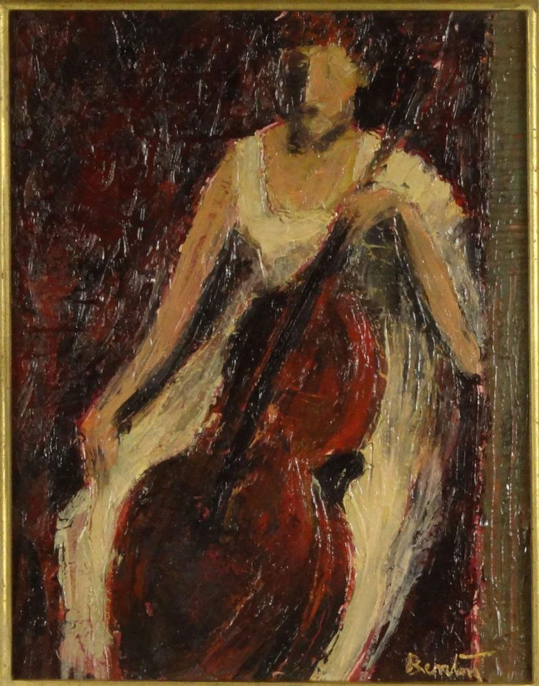 Benton - Oil onto board abstract cello player, in a gilt frame, 26cm x 21cm excluding the frame :