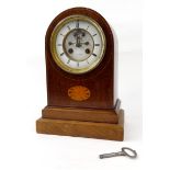 Edwardian mahogany inlaid mantel clock with brocot escapement for H.R.Y. Mark, Paris, striking on