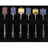 Cased set of six silver and enamel advertising pickle forks decorated with various inn signs, T&S