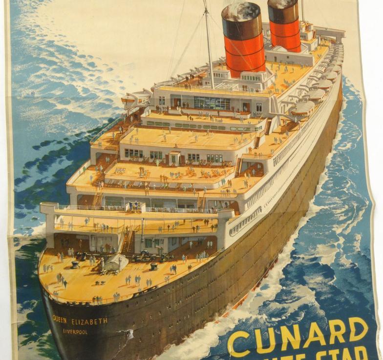 Shipping interest Cunard White Star Line Queen Mary and Queen Elizabeth poster, 67cm x 43cm : For