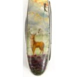Silver combination pill box/pocket knife, the lid enamelled with a stag, H.S.B London 1890-91, 7cm